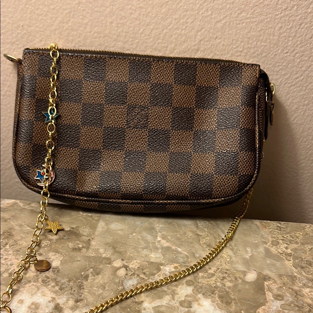 Mini Pochette Accessoire
 Checkered Crossbody Bag with Gold Chain
